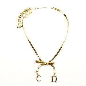 Christian Dior Vintage Bow Choker Necklace Logo CD Charm Gold Chain Signed w/Box